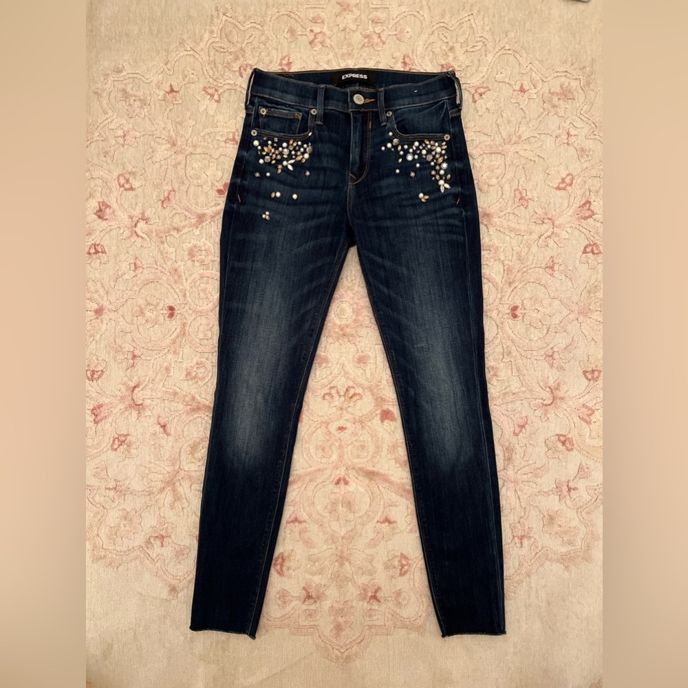 Express Embellished Mid Rise Dark Denim Skinny Jean